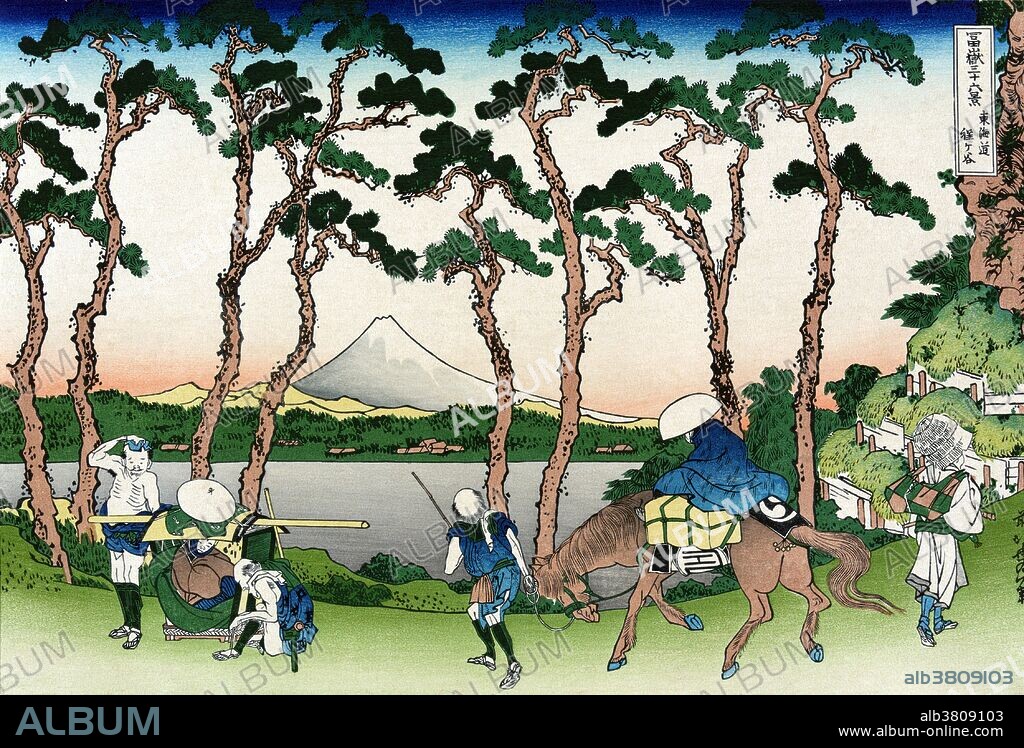 Hodogaya on the Tokaido is a woodblock print by the Japanese ukiyo-e artist Hokusai. The twenty-sixth print in Hokusai's series Thirty-six Views of Mount Fuji. Shows porters with sedan chair, resting, and another traveler leading a horse with passenger near the Hodogaya station on the Tokaido Road. Mount Fuji is a frequent subject of Japanese art especially after 1600, when Edo (Tokyo) became the capital and people saw the mountain while traveling on the Tokaido road. The mountain is mentioned in Japanese literature throughout the ages and is the subject of many poems. Mount Fuji is an active stratovolcano located near the Pacific coast of Honshu and one of Japan's "Three Holy Mountains". The ukiyo-e genre of art flourished in Japan from the 17th through 19th centuries. Its artists produced woodblock prints and paintings of such subjects as female beauties; kabuki actors and sumo wrestlers; scenes from history and folk tales; travel scenes and landscapes; flora and fauna; and erotica.