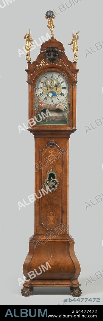 Standing clock, Jan Hermelinck Amsterdam, Standing clock in oak cabinet glued with walnut. The S-shaped used base rests on claw feet. The top and bottom of the cabinet door has a diamond with copper fittings and shows a vase and bow with marquetry in lighter wood. The canopy has a scalloped canopy with crested piece with seed beads, Tuscan columns on the corners. Three gilt figures, two from the Faam and Atlas, crown the hood. Under the dial a mythological representation and figures are painted., Jan Hermelinck, Amsterdam, c. 1750 - before 1799, wood (plant material), oak (wood), walnut (hardwood), gilding (material), copper (metal), glass, gilding, h 285 cm Ã— w 60 cm Ã— d 30 cm.