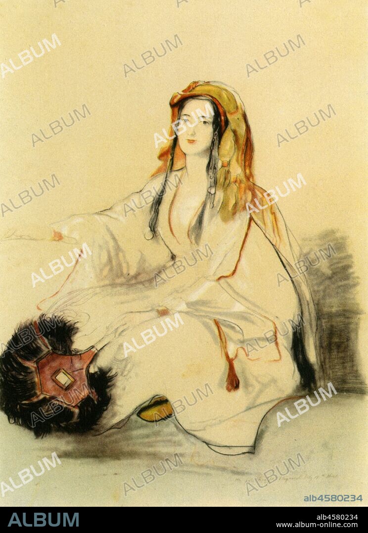 DAVID WILKIE. 'Lady Hester Stanhope in Oriental Dress', early 19th century?, (1942). Portrait of Hester Lucy Stanhope (1776-1839), British socialite, adventurer and traveller. A sketch made in 1841. From "English Women", by Edith Sitwell. [Collins, London, 1942].