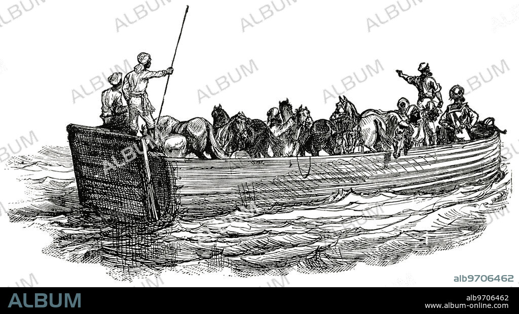 Primitive Ferry on the Tigris, Illustration, Classical Portfolio of Primitive Carriers, by Marshall M. Kirman, World Railway Publ. Co., Illustration, 1895.