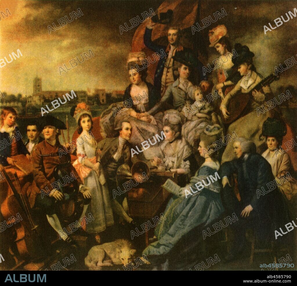 JOHAN ZOFFANY. 'The Sharp Family', 1779-1781, (1942). Portrait of the musical and aptly named Sharps aboard their sailing barge 'Apollo' on the River Thames at Fulham in London: Mary Lloyd-Baker (née Sharp), Elizabeth Prowse (née Sharp), Ann Jemima Sharp, Catherine Sharp (née Barwick), Catherine Sharp (née Lodge), Frances Sharp, Granville Sharp, James Sharp, John Sharp, Judith Sharp, Mary Sharp (née Dering), William Sharp, surgeon to George III. From "English Music', by W. J. Turner. [Collins, London, 1942].