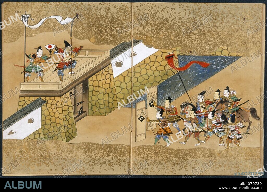 Samurai attacking. The Life Of Yoshitsune. Japan, c.1600-1650. Samurai besieging the battlements from an illuminated manuscript depicting the life of the Japanese military leader Minamoto no Yoshitsune (1159-1189).  Image taken from The Life Of Yoshitsune.  Originally published/produced in Japan, c.1600-1650. . Source: Or. 2346, ff.524v-525. Language: Japanese.