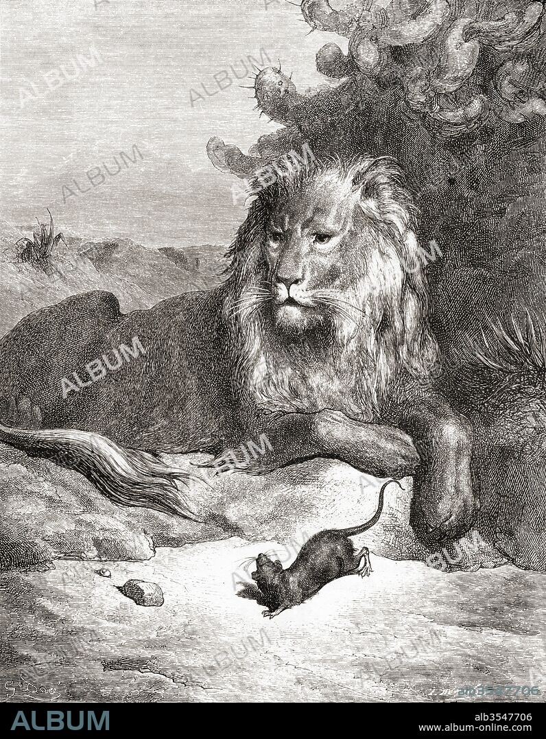 Gustave Doré's illustration of La Fontaine's fable The Lion and the Mouse, (Le Lion et le Rat). From a late 19th century edition of Fables de La Fontaine.