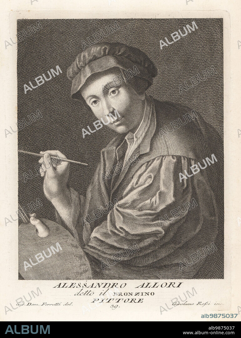 Alessandro Allori, Italian painter of the late Mannerist Florentine school, 1535-1607. Self portrait aged about 20 in 1555 with palette and paintbrush. Alessandro di Cristofano di Lorenzo del Bronzino Allori, detto il Bronzino. Copperplate engraving by Girolamo Rossi after Giovanni Domenico Ferretti after a self portrait by the artist from Francesco Moucke's Museo Florentino (Museum Florentinum), Serie di Ritratti de Pittori (Series of Portraits of Painters) stamperia Mouckiana, Florence, 1752-62.