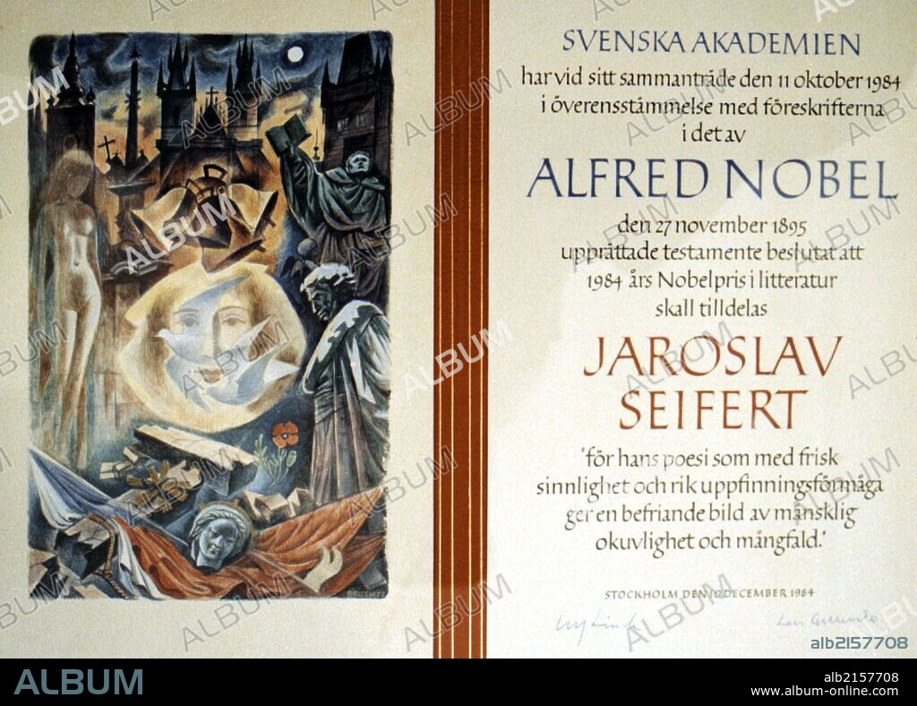 Declaration Of Nobel Prize For Literature That Was Awarded To Czech Poet Jaroslav Seifert In 1984.  (Photo by: Sovfoto/UIG via Getty Images).