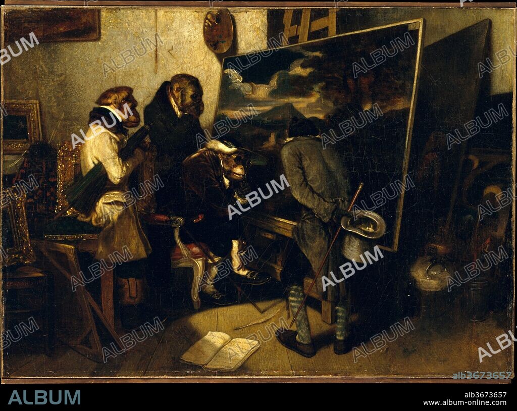 The Experts. Artist: Alexandre-Gabriel Decamps (French, Paris 1803-1860 Fontainebleau). Dimensions: 18 1/4 x 25 1/4 in. (46.4 x 64.1 cm). Date: 1837.
In this satirical work, first exhibited at the Paris Salon of 1839, elegantly dressed "experts" examine a landscape in the style of the seventeenth-century painter Nicolas Poussin. Decamps's generation, including such figures as Théodore Rousseau and Jules Dupré, sought to challenge the prevailing view that the art of the past should dictate contemporary taste.
Scenes in which monkeys are engaged in human activities--<i>singeries</i> in French--are part of a tradition that can be traced to Antiquity.