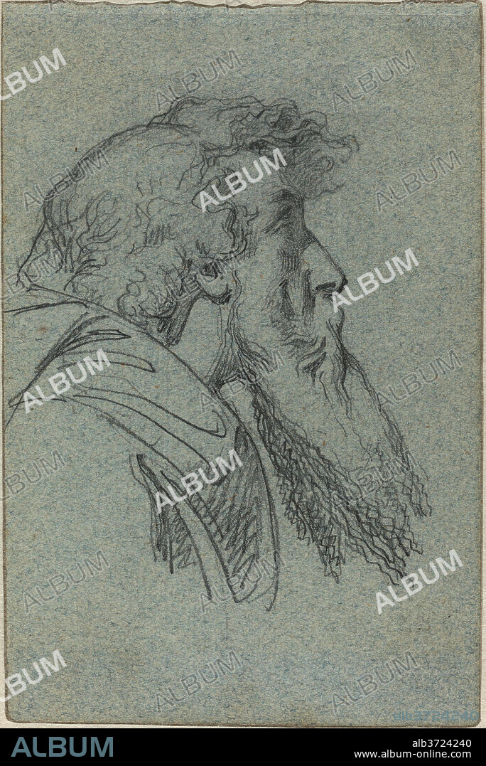 ALEXANDRE BIDA. Bearded Man Looking Up / Cloaked Figure with Raised Arms. Dimensions: sheet: 15 x 9.9 cm (5 7/8 x 3 7/8 in.). Medium: graphite on blue wove paper.
