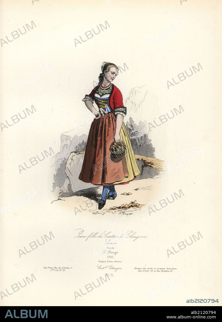 Young girl from the Canton of Thurgau, Switzerland, 18th century, after Franz Hegi. Handcoloured steel engraving by Hippolyte Pauquet from the Pauquet Brothers' "Modes et Costumes Etrangers Anciens et Modernes" (Foreign Fashions and Costumes Ancient and Modern), Paris, 1865. Hippolyte (b. 1797) and Polydor Pauquet (b. 1799) ran a successful publishing house in Paris in the 19th century, specializing in illustrated books on costume, birds, butterflies, anatomy and natural history.