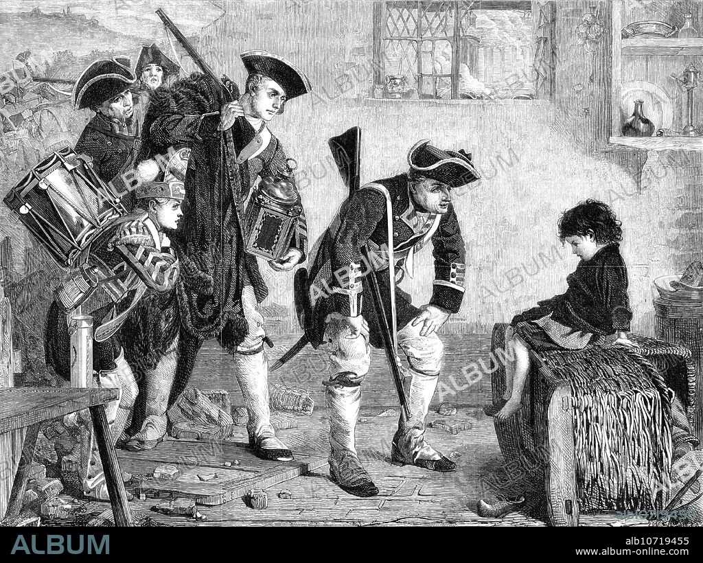 W THOMAS. After the Battle, by P. H. Calderon, A.R.A., 1864. Engraving of a painting. 'A battle has raged in and around a Flemish village; the English have been victorious, and are marching through the street of the little place in pursuit of the foe. They find time, however, to enter the deserted, battered, and smouldering houses, in search of booty. A party of Grenadiers, some of them already laden with plunder...enter the poor abode, eager to find what they may think lawful spoil even in this humble tenement. But here they see what at once diverts them from their purpose - a poor little, weeping child...Of course, there is no true soldier who could treat such a child as an enemy, and who would not relent before this defenceless and innocent figure...The oldest and most hardened veteran, therefore, is the first to approach the child with the reassuring gentleness of a woman; and we may fancy that we hear him coaxing the little one to lay aside his fears. This soldier's comrades are evidently no less touched with the same feeling of compassion. We...[point out] the expression of this kindly interest in their faces, and especially in that of the sympathising drummer-boy, who is himself a mere child'. From "Illustrated London News", 1864.