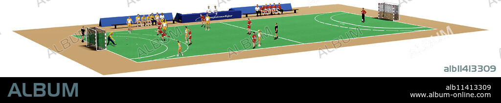 Hard rectangular surface (20 m x 40 m) on which a handball game is played; a game is made up of two 30-minute periods with a 10-minute break between them.