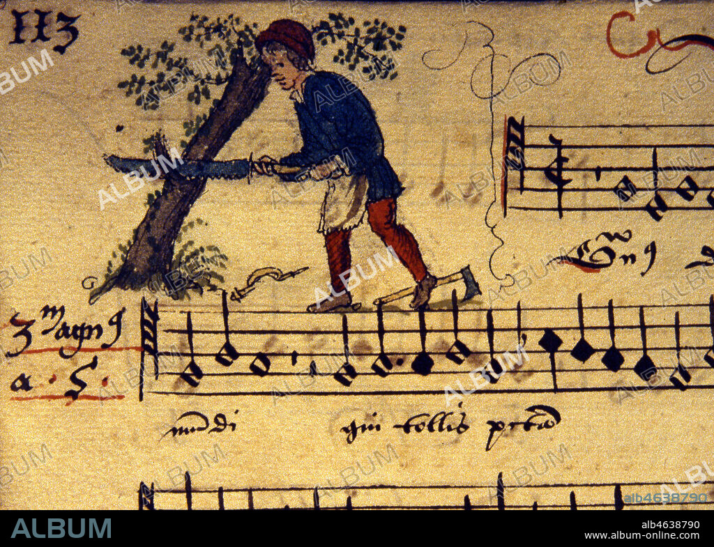 Lettre ornee A. Un bucheron scie un arbre. Enluminure tiree d'un recueil de chansons datant de 1542 (16e, 16eme, XVIe s.). Manuscrit conserve a la bibliotheque municipale de Cambrai. Ms 128. Credit : Collection JEAN VIGNE / KHARBINE-TAPABOR.