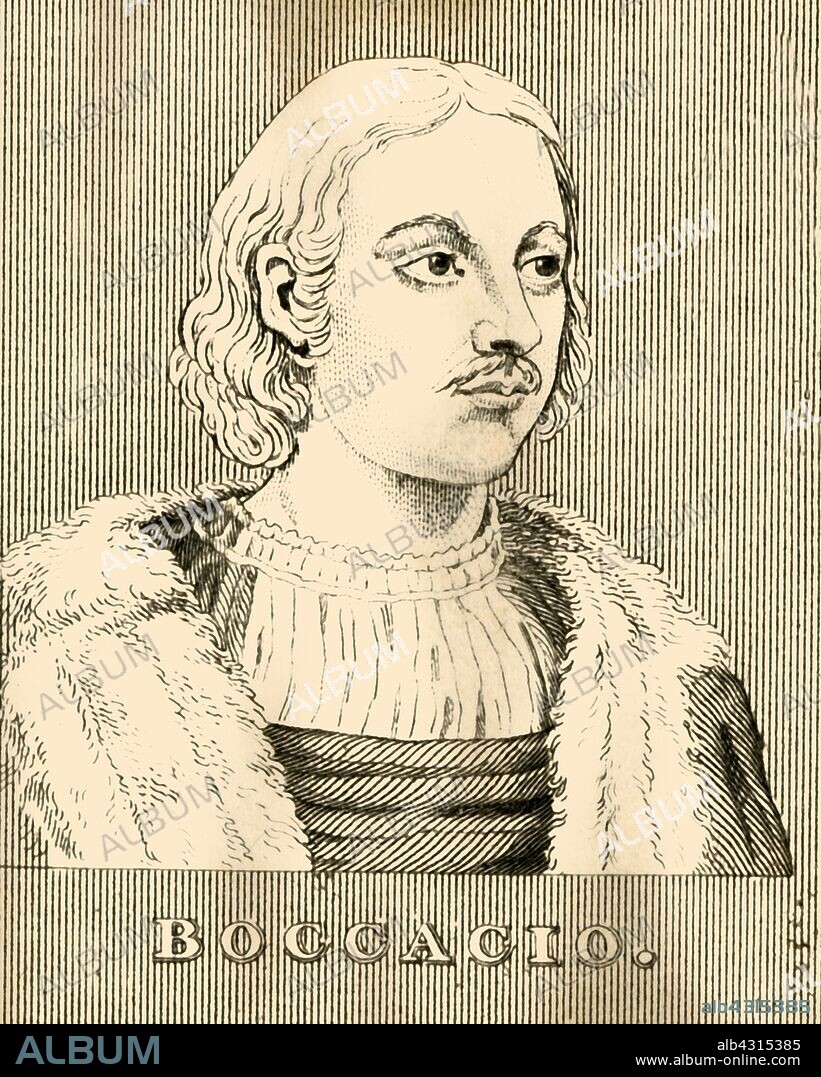 'Boccacio', (1313-1375), 1830. Giovanni Boccaccio (1313-1375) Italian writer, poet, correspondent of Petrarch, and an important Renaissance humanist.  From "Biographical Illustrations", by Alfred Howard. [Thomas Tegg, R. Griffin and Co., J. Cumming, London, Glasgow and Dublin, 1830].