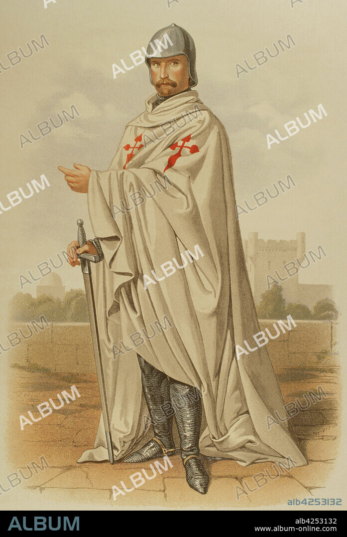 Caballero de la Orden de Santiago, en los primeros tiempos de la institución, vestido en traje de guerra. Edad Media. Península Ibérica. Cromolitografía. Historia de las Ordenes de Caballería y de las Condecoraciones Españolas. Madrid, 1865.