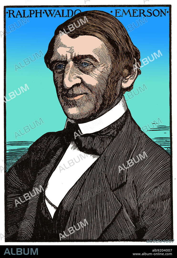 Ralph Waldo Emerson (1803-1882), American essayist, lecturer, philosopher, abolitionist, and poet who led the transcendentalist movement of the mid-19th century. Woodcut by Robert Bryden (1865-1939), a Scots artist and sculptor, 1901. Colorized.