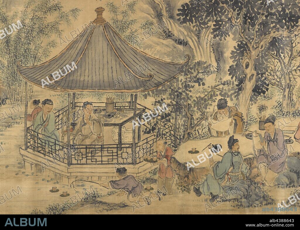 Gathering at the Lanting Orchid Pavilion, Chen Jiuru (Chinese), 19th century, ink and color on satin, 17-7/8 x 77 in. (image) 17-7/8 x 99-3/4 in. (overall), Signed: Chen Jiuru, Asian Art.