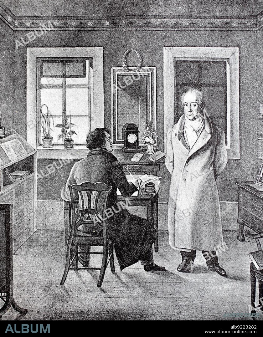 Johann Wolfgang von Goethe dictates to his secretary in his study, oil painting by J. J. Schneller, 1831, Germany, historical image or illustration, published 1890, digitally improved, Johann Wolfgang von Goethe dictates to his secretary in his study, oil painting by J. Schneller, Gemany, historical image or illustration, published 1890, digitally improved