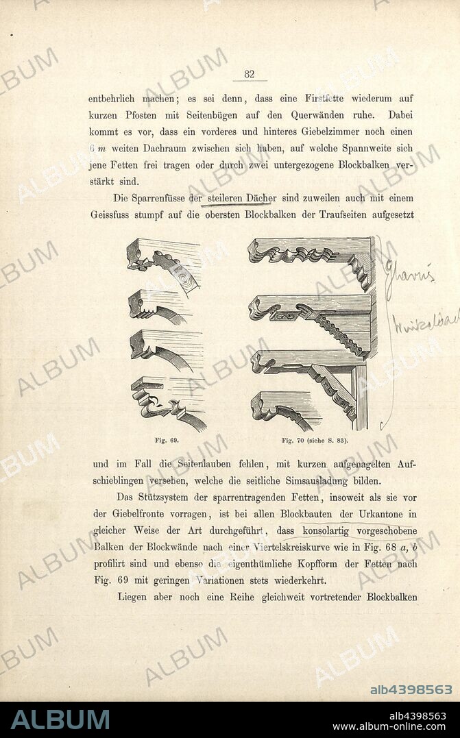 Stützbalken (2), Representation of various support beams, FIg., 69-70, p. 82, 1885, Ernst Gladbach: Die Holz-Architectur der Schweiz, 2. Aufl. Zürich & Leipzig: Orell Füssli, 1885.
