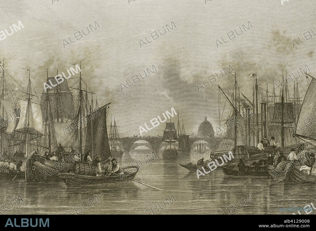 Reino Unido. Inglaterra. The Upper Pool (puerto de Londres). Tramo del río Támesis que se extiende menos de una milla por debajo del Puente de Londres. Transporte marítimo en el río. Al fondo, el Puente de Londres (London Bridge) y la catedral de San Pablo. Grabado por John Woods (fl.1835-1855) a partir de un dibujo por el pintor paisajista John Francis Salmon (1808-1886). "London and its Environs", h. 1840 (Londres y sus Alrededores). Biblioteca Histórico Militar de Barcelona. Cataluña, España.