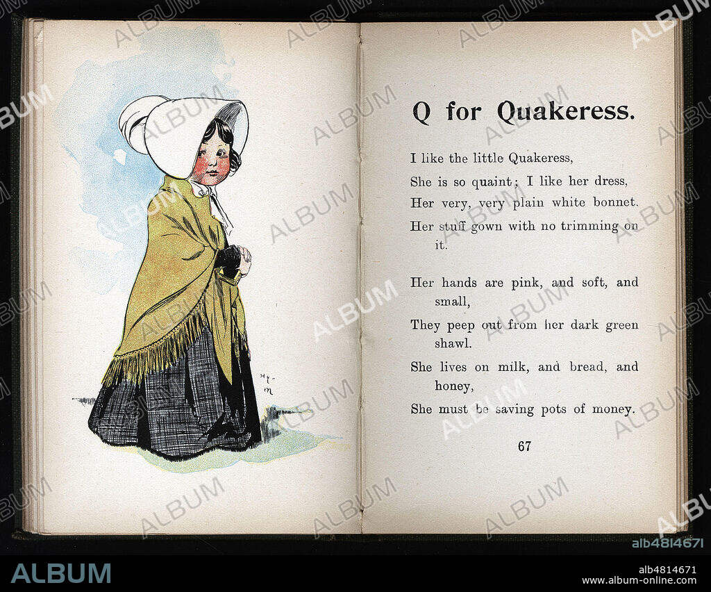 Q for Quakeress. Illustration de 1901 par Henry MAYER (19-20 s.) pour Little people an alphabet par T.W.H. CROSLAND (19-20 s.). (Abecedaire anglais). Credit : Collection CT/Kharbine-Tapabor.