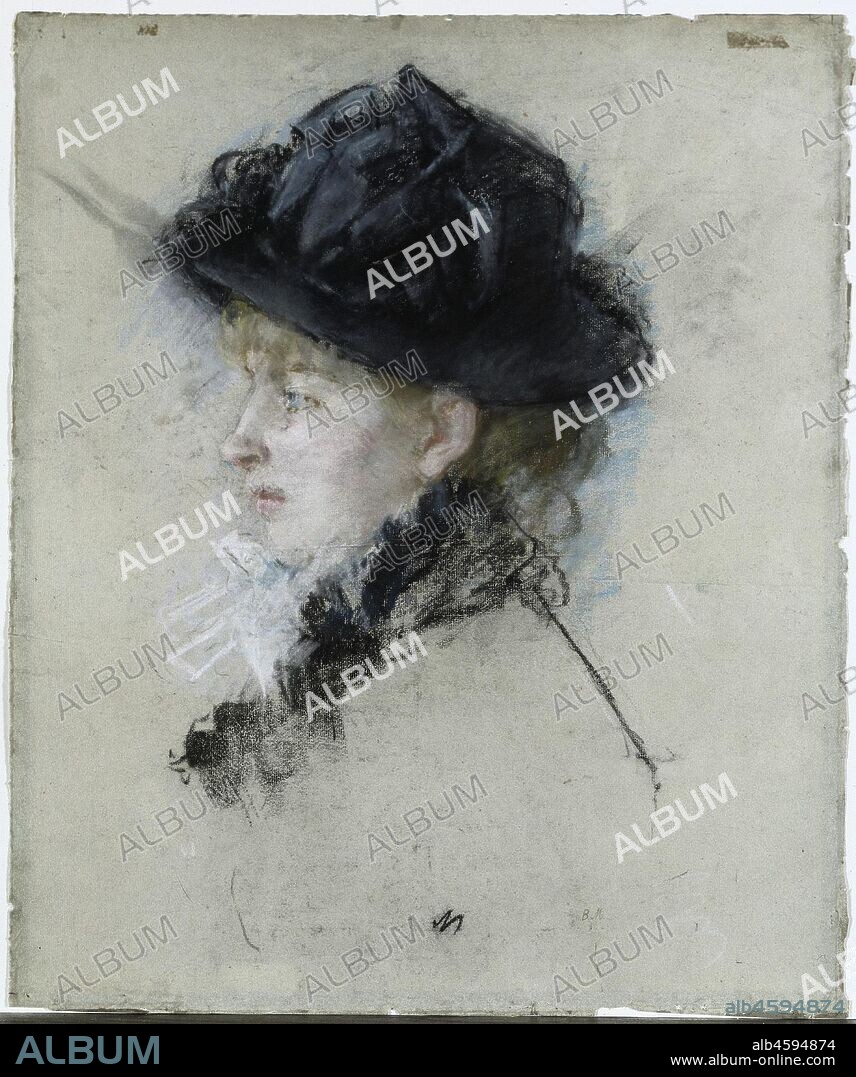 Mlle. Louise Riesener, 1888. This pastel portrays Morisot?s friend, the daughter of Léon Riesener, a Romantic painter and a first cousin of Eugène Delacroix. Here she pays homage to the pastel portraits of her friend and mentor Edouard Manet, who had used the medium with exquisite spontaneity in the years leading up to his death in 1883. She restricted herself to the limited palette of Manet?s pastels, using only black and white, with touches of pink at the mouth and blue to enliven the eye.