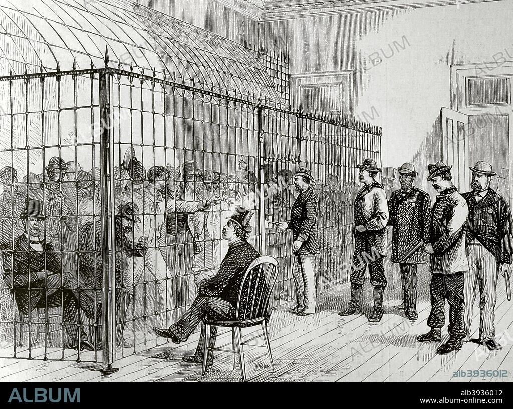 1876 United States presidential election. Held on November 7, 1876. One of the most contentious and controversal presidential elections in American history. Republican candidate Rutherford B. Hayes faced Democrat Samuel J. Tilden. Hayes was the winner. During that day there were numerous scenes of tumult and violence. Commissioner Davenport presided over a polling station at the New-Post-Office in New York. In the main atrium of the building was a high iron cage or gallery. The commissioner, according to attorney Mr. Bliss, decided to confine preventively all persons who, provided with false identification cards or those belonging to other electoral districts, tried to vote illegally in the New-Post-Office college. Engraving. La Ilustracion Espa–ola y Americana, December 8, 1876.