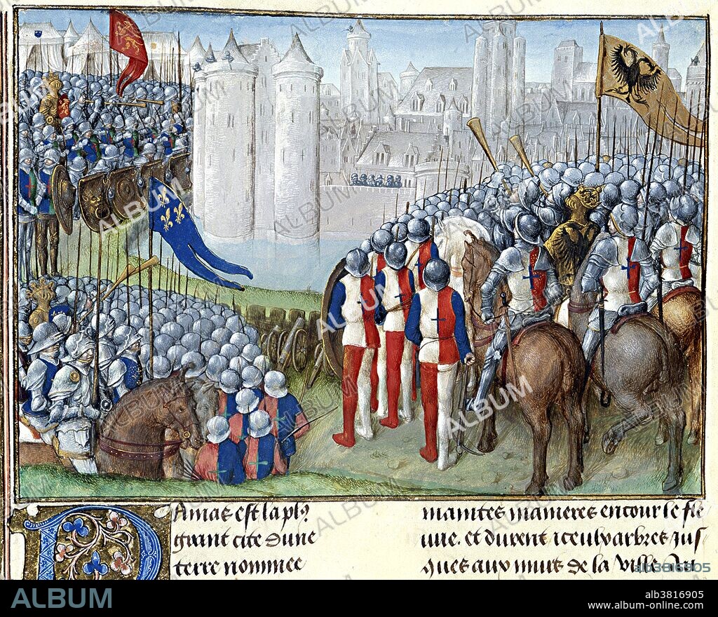 Siege of Damascus during the Second Crusade, 1148; with the armies of King Baldwin III of Jerusalem, King Louis VII of France, and right, Emperor Conrad III of Germany. The original focus of the crusade was Edessa (Urfa), but in Jerusalem, the preferred target of King Baldwin III and the Knights Templar was Damascus. At the Council of Acre, magnates from France, Germany, and the Kingdom of Jerusalem decided to divert the crusade to Damascus. The crusaders decided to attack Damascus from the west, where orchards would provide them with a constant food supply. Having arrived outside the walls of the city, they immediately put it to siege, using wood from the orchards. On July 27, the crusaders decided to move to the plain on the eastern side of the city, which was less heavily fortified but had much less food and water. Nur ad-Din Zangi arrived with Muslim reinforcements and cut off the crusader's route to their previous position. The local crusader lords refused to carry on with the siege, and the three kings had no choice but to abandon the city. The entire crusader army retreated back to Jerusalem by July 28. Image taken from Chronique d'Ernoul et de Bernard le TrÃ©sorier, 15th century.