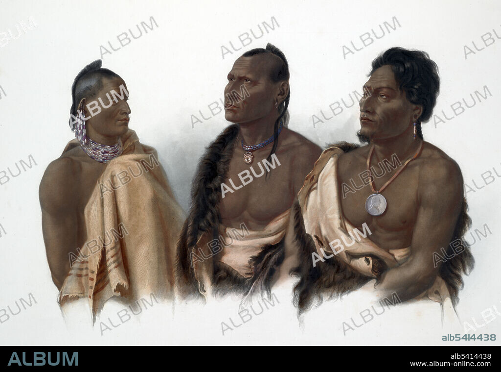 From left to right. Missouri Indian, Oto Indian, and Chief of the Puncas. The Missouria or Missouri (in their own language, Niaachi, also spelled Niutachi) are a Native American tribe that originated in the Great Lakes region of United States before European contact. The tribe belongs to the Chiwere division of the Siouan language family, together with the Iowa and Otoe. The Otoe lived as a semi-nomadic people on the Central Plains along the Missouri River in Nebraska, Kansas, Iowa and Missouri. The Ponca are a Midwestern Native American tribe of the Dhegihan branch of the Siouan language group. There are two federally recognized Ponca tribes: the Ponca Tribe of Nebraska and the Ponca Tribe of Indians of Oklahoma, USA. Voyage dans l'interieur de l'Amerique du Nord, execute pendant les annees 1832-34. Karl Bodmer (1809-1893) was a Swiss printmaker, lithographer, painter, illustrator and hunter.