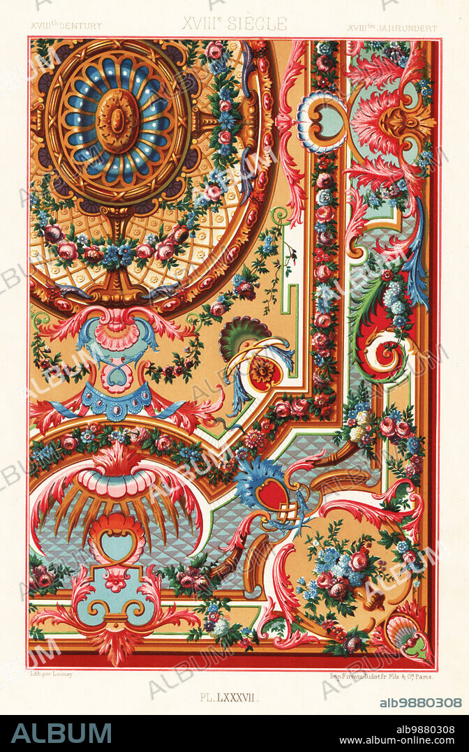 Louis XIV style carpet, 18th century. Carpet design taken from a manuscript by Robert de Cotte, Bibliotheque Nationale, Cabinet de Estampes No. 9. XVIIIme Siecle. Hand-finished chromolithograph by Launay from Albert-Charles-Auguste Racinets LOrnement Polychrome, (Polychromatic Ornament), Firmin-Didot, Paris, 1869-73.
