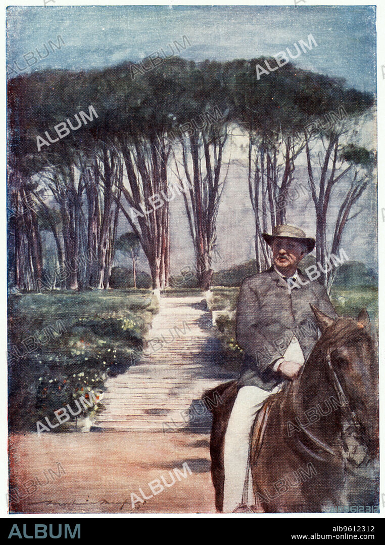 Cecil Rhodes, English-born South African entrepreneur and statesman, c1900. Portrayed in this painting riding on his estate, Groote Schuur, Cecil John Rhodes (1853-1902) made his fortune in the Kimberley diamond mines, and formed De Beers Consolidated Mines in 1888. As Managing Director of the British South Africa Company, he administered a territory roughly equivalent to the modern nation of Zimbabwe (previously known as Rhodesia after Rhodes). Rhodes became Prime Minister of the Cape Colony in 1890, but resigned in 1896 when his role in instigating the Jameson Raid into the Transvaal came to light In his will he left funds to found the Rhodes Scholarships at Oxford University for Germans and Americans.