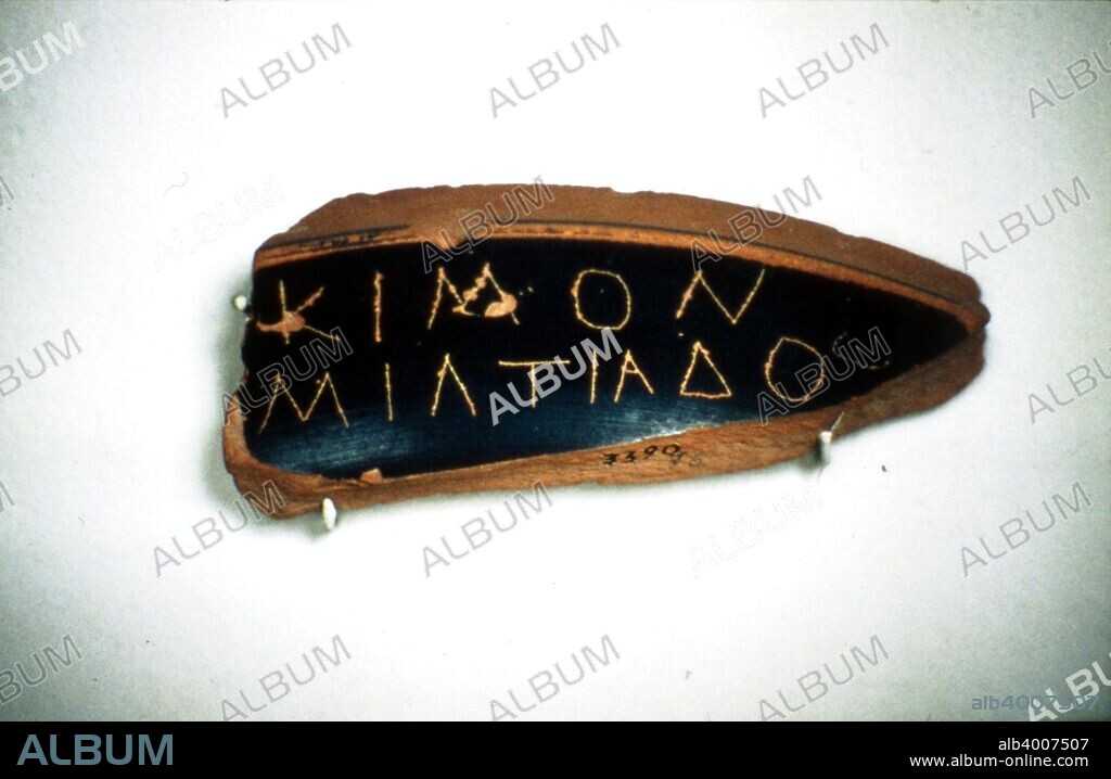 Ostrakon of Cimon, an Athenian statesman, Fragment of Greek Pottery, c5th century BC. Ostrakon showing name (as Kimon [son] of Miltiades), used when voting to exile (ostracise) the person whose name is scratched on the pot Miltiades. He was dismissed and ostracized from Athens in 463 BC.