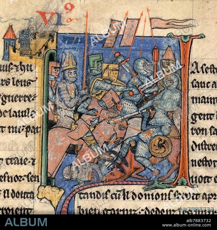 Première Croisade 1096-99 / Siège de la ville d'Antioche (. Syrie) par les Croisés à partir de 1097 et prise de la ville le 3 juin 1098. - Adhémar de Monteil, évêque du Puy, portant la Sainte Lance, lors d'une bataille devant les portes d'Antioche. - Enluminure française, v. 1250/59. In : Guillaume de Tyre, Estoire d'Outremer, livre IV. Ms. Yates Thompson 12, fol. 29, London, British Library.