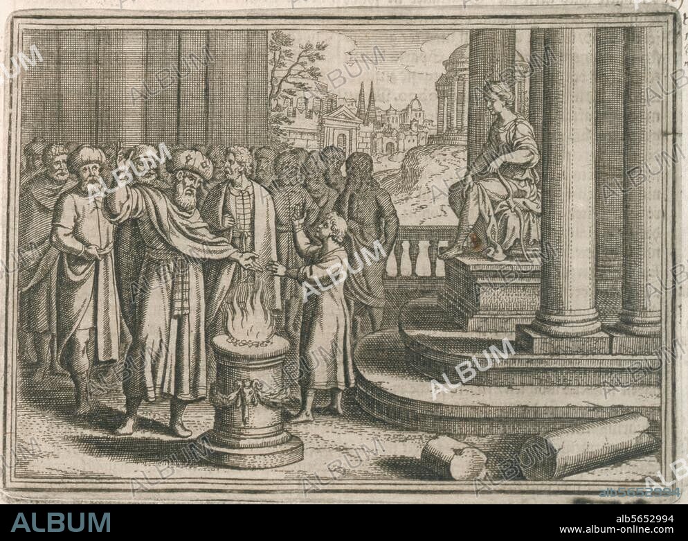 MATTHÄUS MERIAN DER ÄLTERE. Hannibal; karthagischer Feldherr u. Staatsmann 247/46 - 183 v. Chr. Hamilkar Barkas läßt seinen neunjährigen Sohn Hannibal den Römern ewige Feindschaft schwören. Kupferstich von Matthäus Merian d. Ä. (1593-1650). Aus: Johann Ludwig Gottfried, Historische Chronica, Frankfurt a. M. (M.Merian) 1630, S. 209. Berlin, Sammlung Archiv für Kunst und Geschichte.