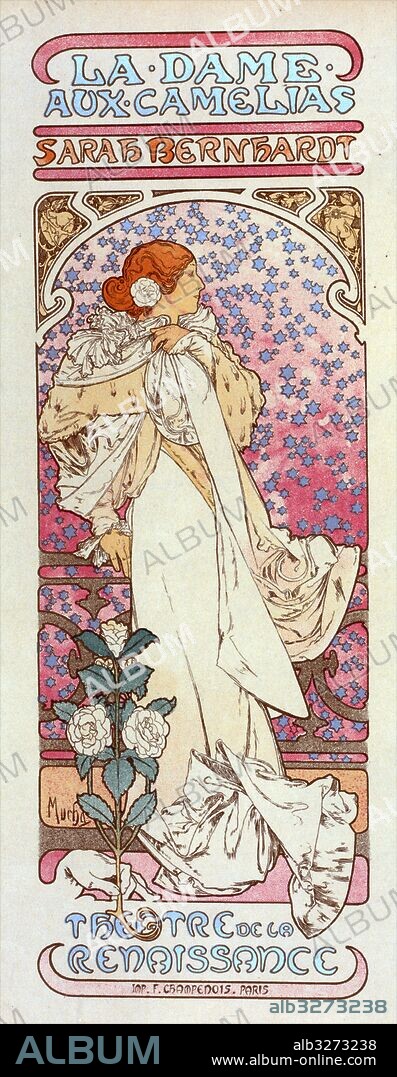 Poster for Théâtre de la Renaissance, la Dame aux Camélias, Sarah Bernhardt,1844-1923, a French stage and early film actress. Alphonse Mucha, 1860-1939, Czech Art Nouveau painter.