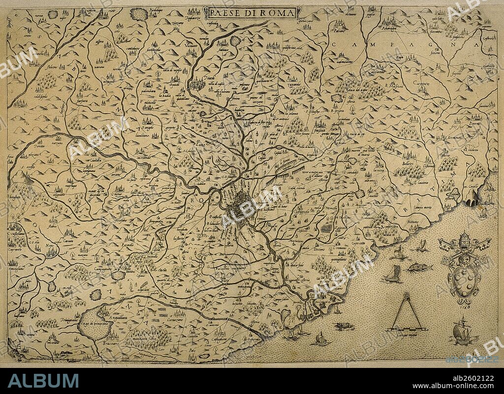 HISTORIA DE ITALIA. Mapa de la ciudad de ROMA y de sus alrededores. Grabado italiano del siglo XVI.