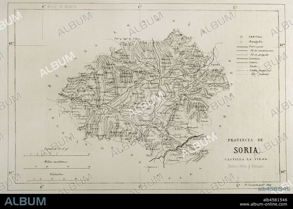 Mapa de la provincia de Soria, España. Crónica General de España, Historia Ilustrada y Descriptiva de sus Provincias. Castilla-La Vieja,1870. Biblioteca Histórico Militar de Barcelona, Cataluña, España.