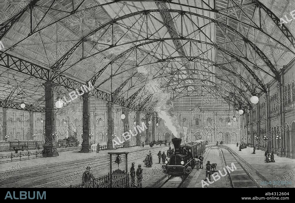 Germany, Bavaria, Munich. Interior of the new Central railway station. Engraving by Ovejero. La Ilustracion Espa–ola y Americana, 1881.
