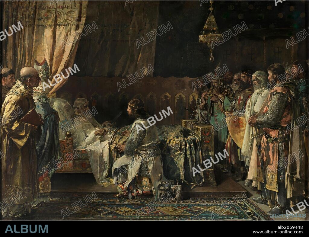 Ignacio Pinazo Camarlench / 'Últimos momentos del rey don Jaime el Conquistador en el acto de entregar su espada a su hijo don Pedro', 1881, Escuela Española, Óleo sobre Lienzo, 299 cm x 419 cm, P06783.