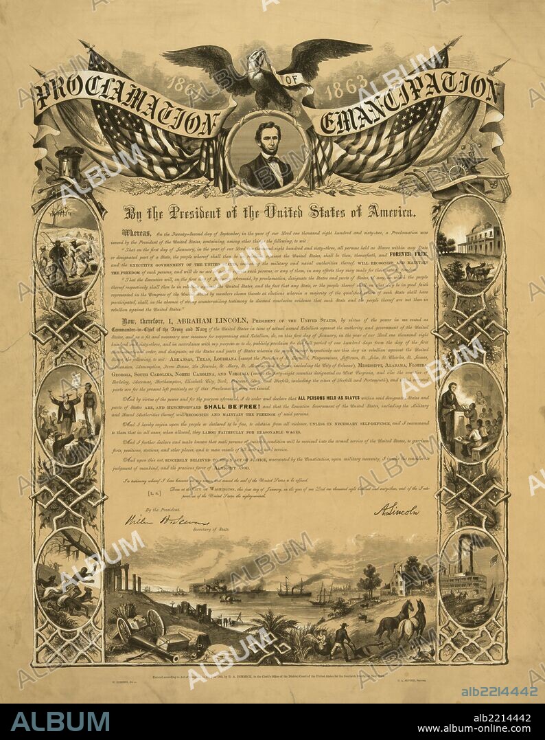Eagle with banner "Proclamation of Emancipation" and U.S. flags over portrait of Abraham Lincoln above text framed along the sides with vignettes about slavery, escape, education of African Americans, and the American cotton industry. Below the text is an image of rebuilding southern agriculture in the ruins of the Civil War.