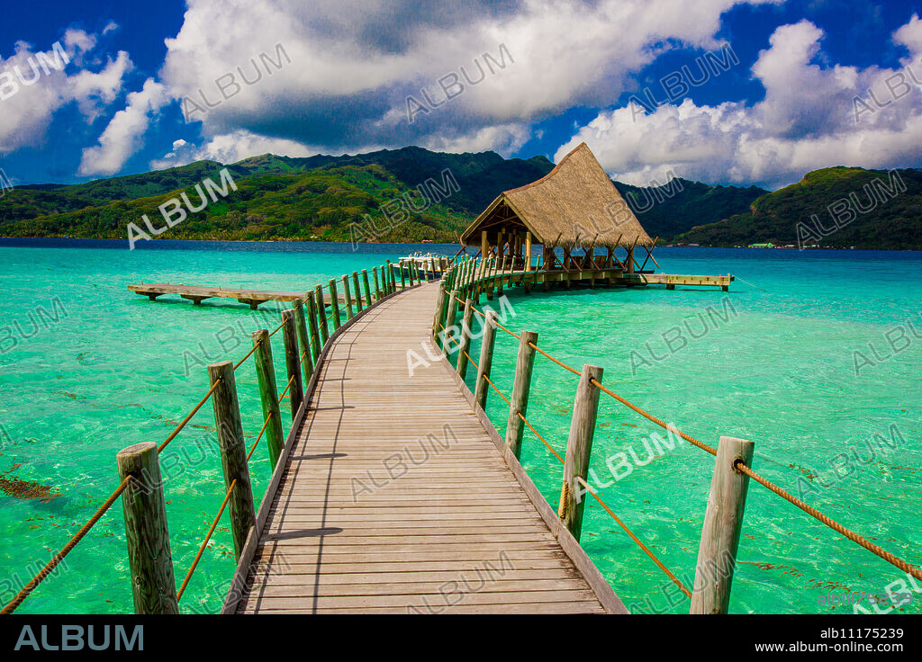 Overwater bungalow pier, Le Taha'a Resort, Tahiti, French Polynesia, South Pacific, Pacific.