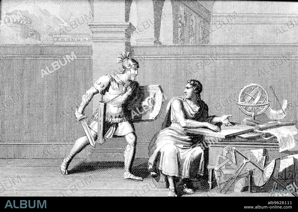 Death of Archimedes, killed by a Roman soldier during the assault on Syracuse, engraving of 1830, Archimedes (287-212 BCE), Greek mathematician.