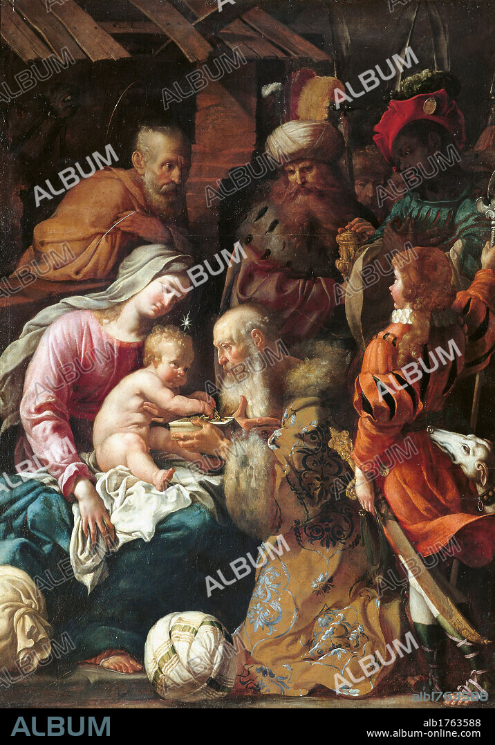 Adoration of the Magi, by Luigi Miradori know as il Genovesino, 1640 about, 17th Century,. Italy, Emilia Romagna, Parma, National Gallery. All. Holy Family Madonna Mary Baby Child Jesus Joseph Adoration Magi gifts gold frankincense myrrh turbans broadsword sabre mantles cloaks hut dog. Authorization required for non editorial use.
