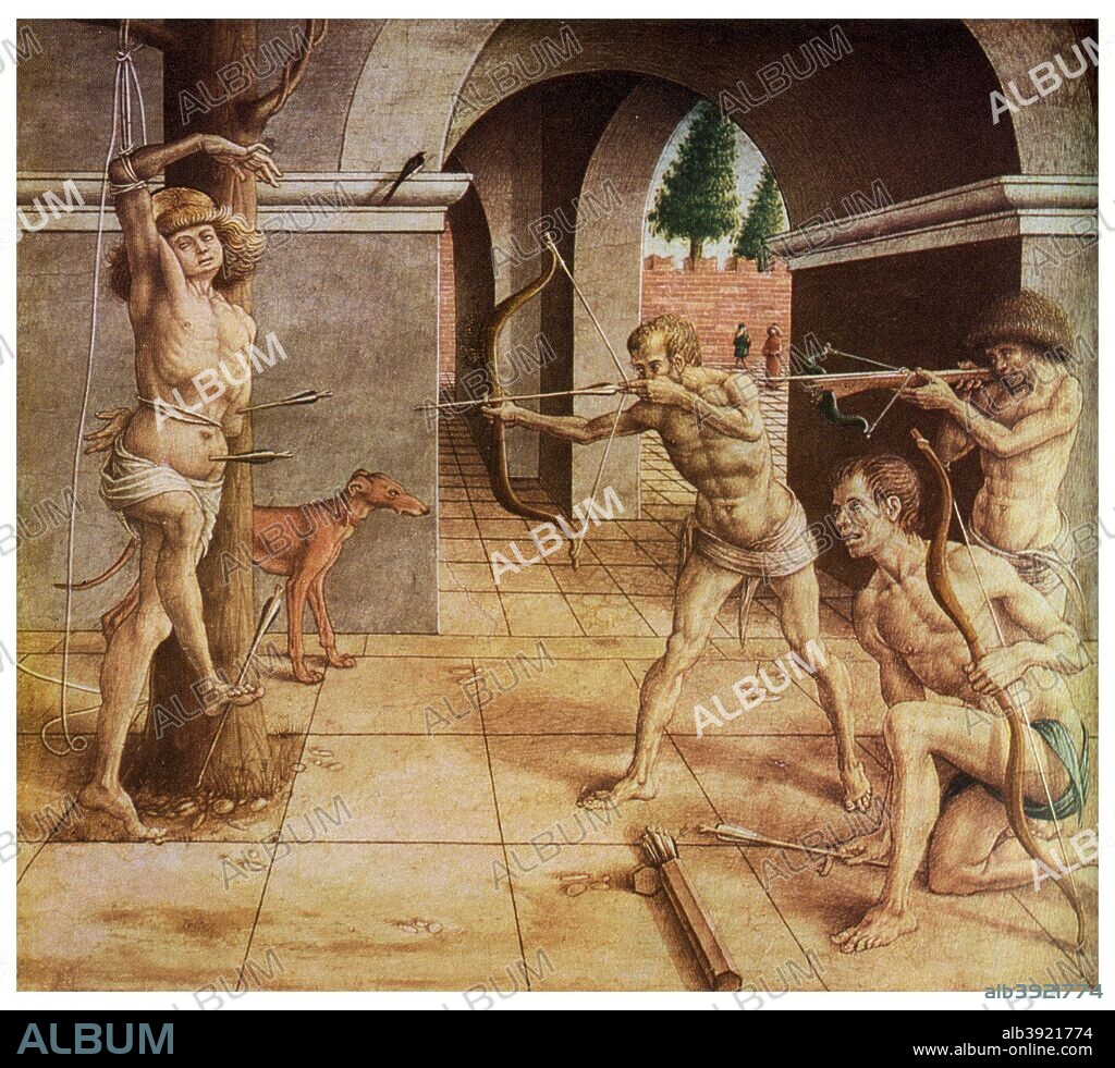 The Martyrdom of St Sebastian, 15th century (1956). Detail from the predella of 'Madonna and Child Enthroned' by Carlo Crivelli. Sebastian was born in Gaul and was a member of the Emperor Diocletian's Praetorian Guard. As a Christian he was sentenced to be executed by archers. He was left for dead but was nursed back to health. When Diocletian discovered that Sebastian was still alive, he ordered that he be clubbed to death. A print from Things, a volume about the origin and early history of many things, common and less common, essential and inessential, by Readers Union, the Grosvenor Press, London, 1956.