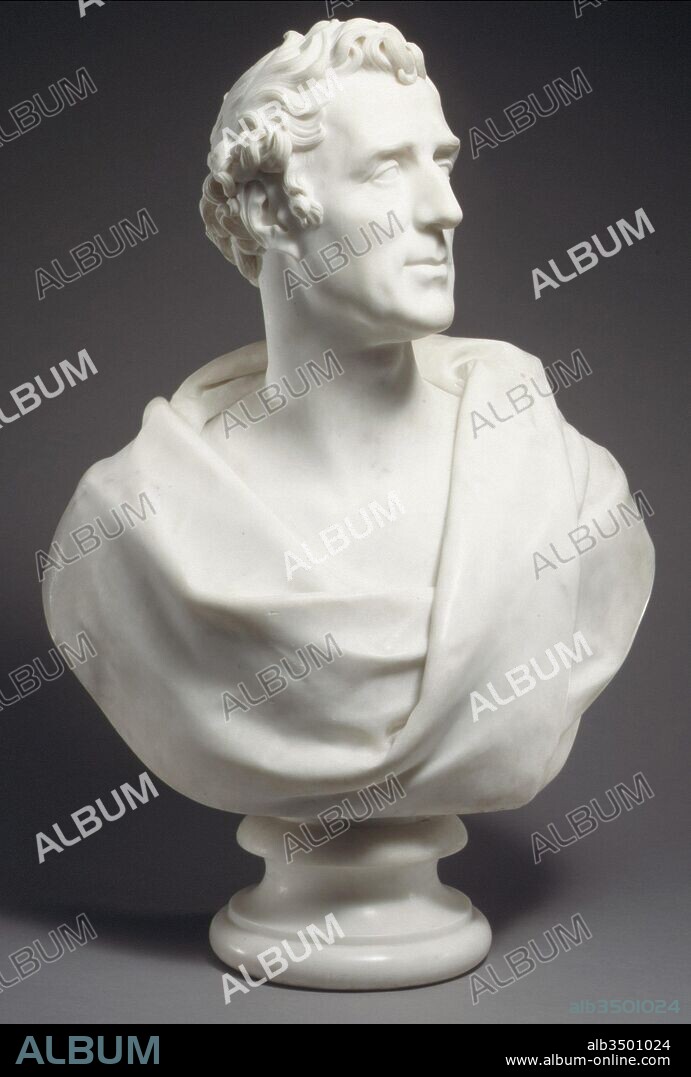 Arthur Wellesley (1769–1852), 1st Duke of Wellington, 1823, British, Marble; column of red scagliola with marble foot, Height (bust): 25 3/4 in. (65.4 cm); Height (column): 47 3/4 in. (121.3 cm), Sculpture, Sir Francis Chantrey (British, 1781–1841), Wellington led the British forces to victory over Napoleon in the battle of Waterloo. Although this idealized portrait is carved in the classical mode (all'antica), with bared neck and blank eyes, the proud display of the military hero's dramatic profile sounds a clearly romantic note as well.