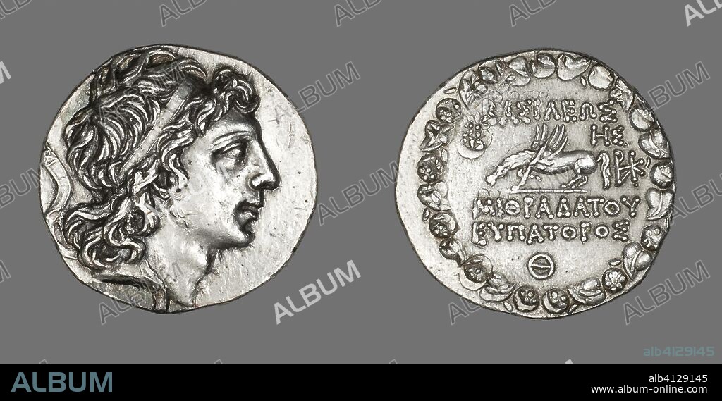 ANCIENT GREEK. Tetradrachm (Coin) Portraying Mithradates VI of Pontus and Bithynia. Greek, Kingdom of Pontus. Date: 90 BC-89 BC. Dimensions: Diam. 3.1 cm; 16.87 g. Silver. Origin: Greece.