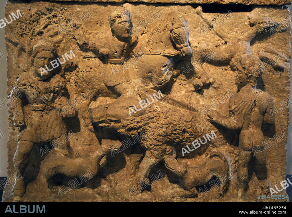 Etruscan Art. Italy. Travertine's sarcophagus-urn. On the chest, relief depicting boar hunt scene. 2nd Century B.C. Tomb of Casaglia. Perugia. Gregorian Etruscan Museum. Vatican Museums. Vatican City.