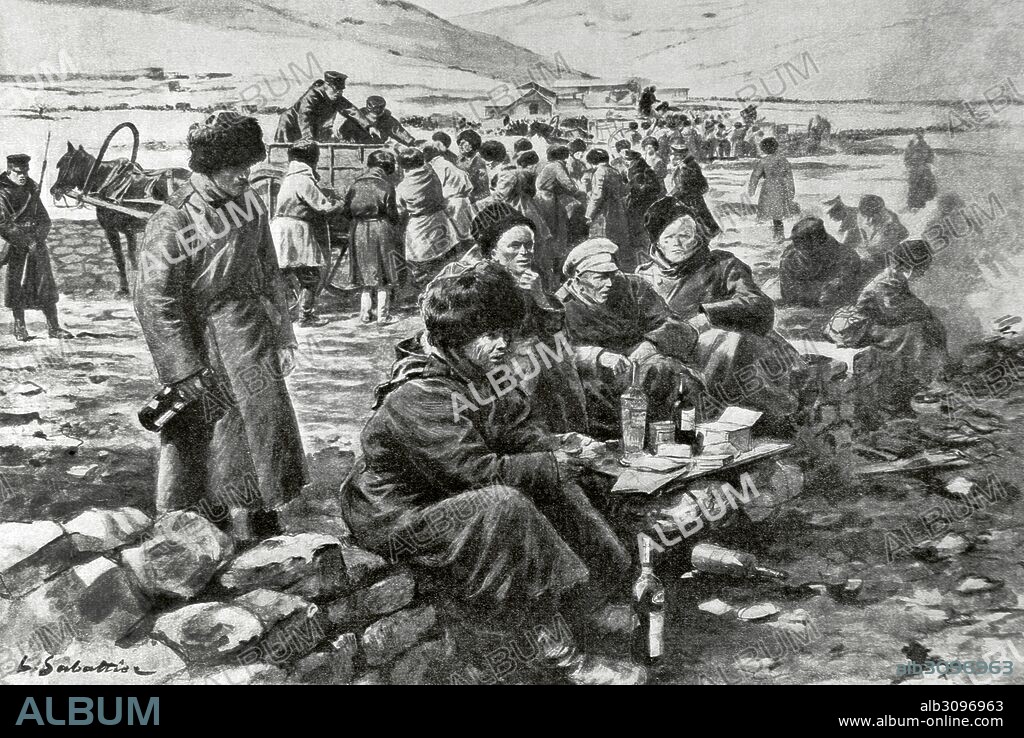 GUERRA RUSO-JAPONESA (1904-1905). Japón entró en guerra con Rusia con la finalidad de asegurarse intereses capitales en Corea y sur de Manchuria. "Un episodio de la marcha de los prisioneros de Puerto-Arthur en el camino de Dalny". Dibujo de L. Sabattier.