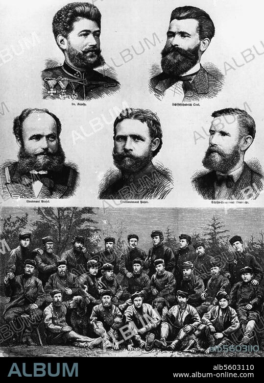 Payer, Julius, Ritter von österr. Nordpolarforscher und Maler 1842-1915. "Offiziere und Mannschaft der österreichischen Nordpol-Expedition". (1872-74 mit dem Dampfer "Tegethoff", geleitet von Payer und Weyprecht). Holzstich. Aus: Das Buch für Alle, 10. Jg. (Stuttgart) 1875, Heft 8.