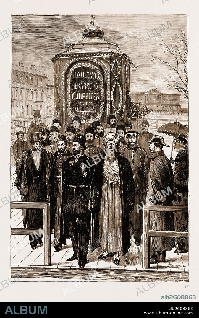 THE PERSIAN ENVOY VISITING THE SHRINE MARKING THE SPOT WHERE THE LATE CZAR ALEXANDER II. OF RUSSIA WAS ASSASSINATED AT ST. PETERSBURG, 1881.