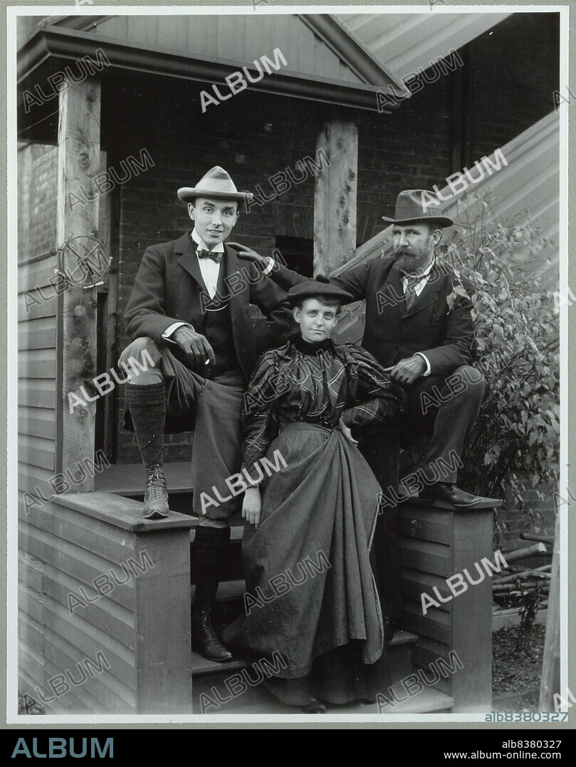 Frances Benjamin Johnston (front), with Mills Thompson (left) and Frank Phister, full-length portrait, posed on steps outside her studio (?), between 1885 and 1900, printed later. [Frances Benjamin Johnston was a photographer and photojournalist. Her friend Mills Thompson was an artist, painter and designer].