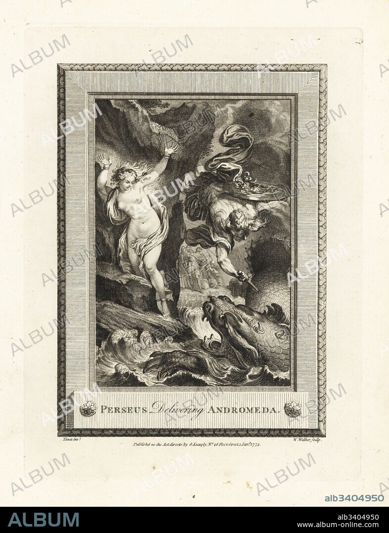 Perseus delivering Andromeda from the sea monster Cetus. Copperplate engraving by W. Walker after an illustration by Charles Eisen from The Copper Plate Magazine or Monthly Treasure, G. Kearsley, London, 1778.